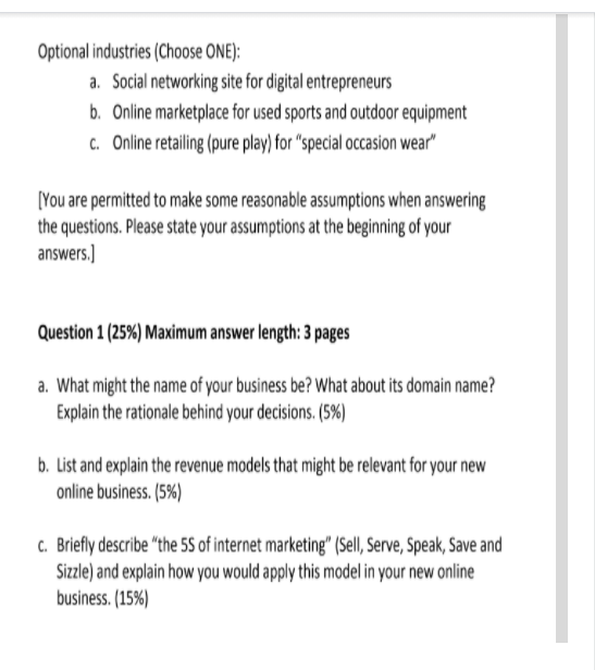 Optional industries (Choose ONE): a. Social