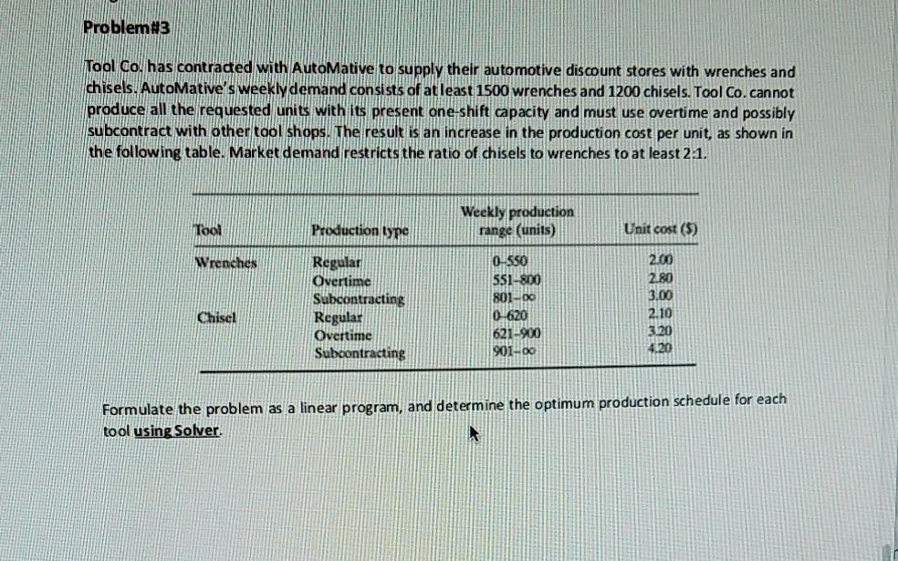 Problem#3 Tool Co. has contraded with Automative
