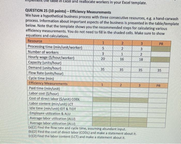 Please help with this question the table in Excel