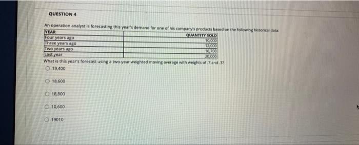 QUESTION 4 An operation analyst is forecasting