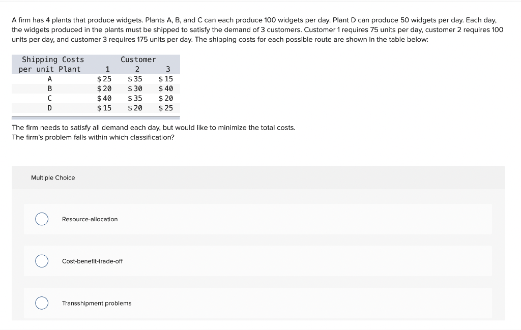 A firm has 4 plants that produce widgets. Plants