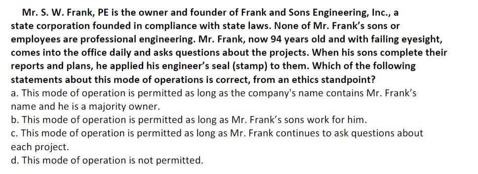 Mr. S. W. Frank, PE is the owner and founder of