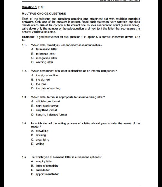 Business Communications Question 1 (10)