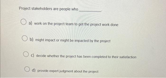 Project stakeholders are people who a) work on