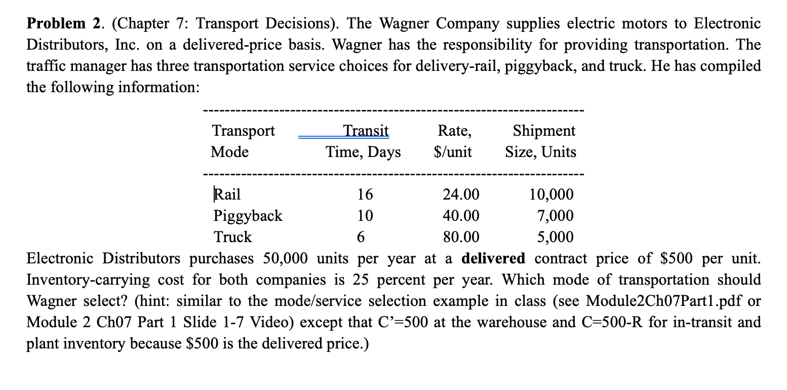 Problem 2. (Chapter 7: Transport Decisions). The