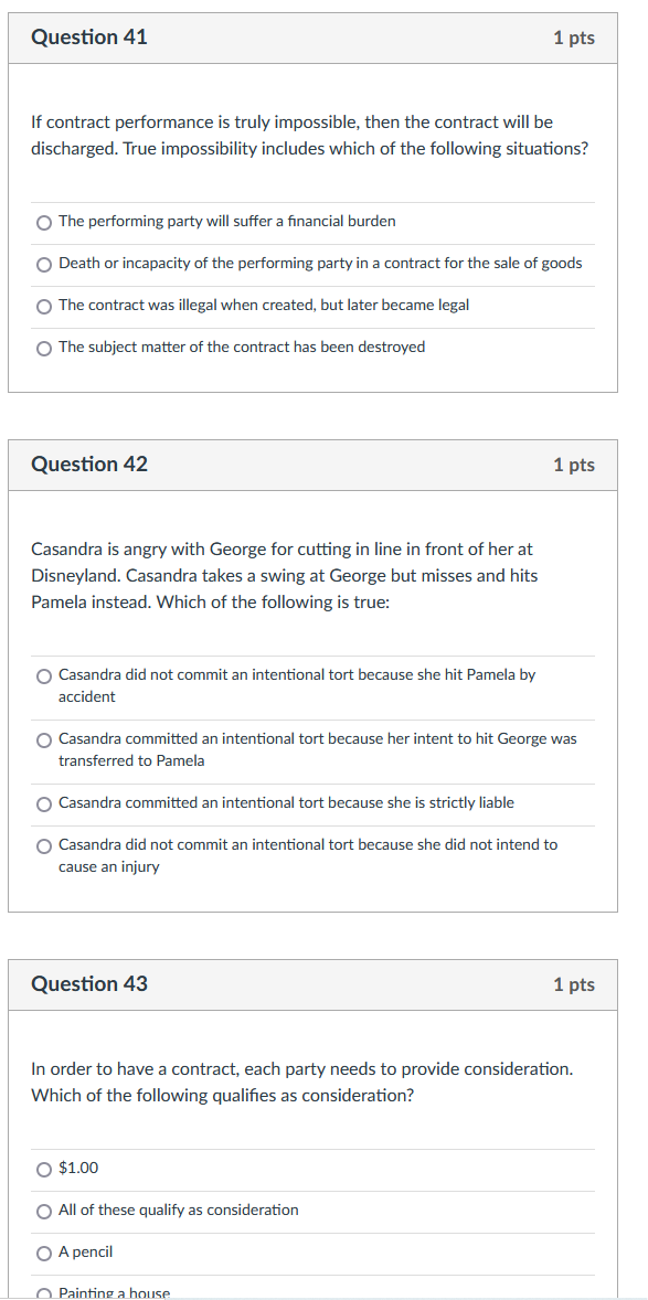 Question 41 1 pts If contract performance is