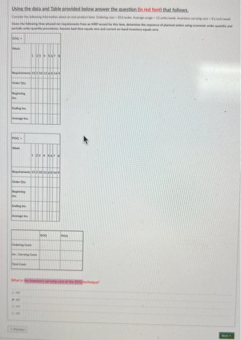 Using the data and Table provided below answer