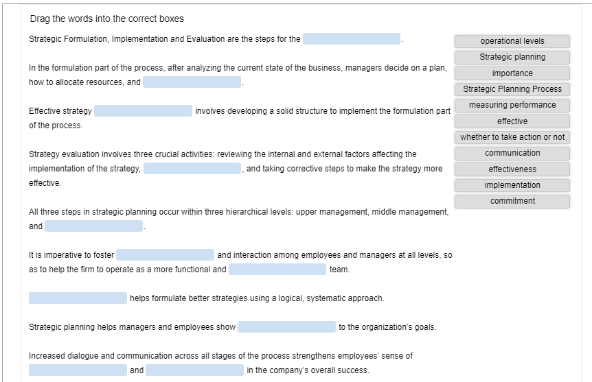 Drag the words into the correct boxes Strategic