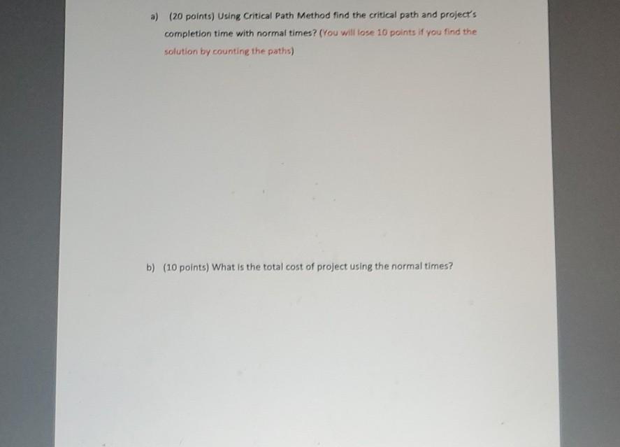 a) (20 points) Using Critical Path Method find