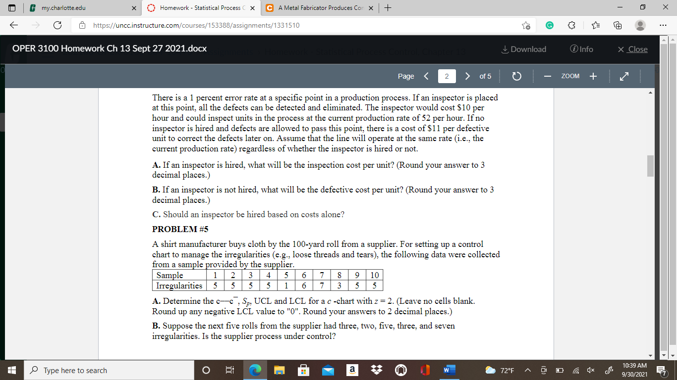 my.charlotte.edu Homework - Statistical Process X