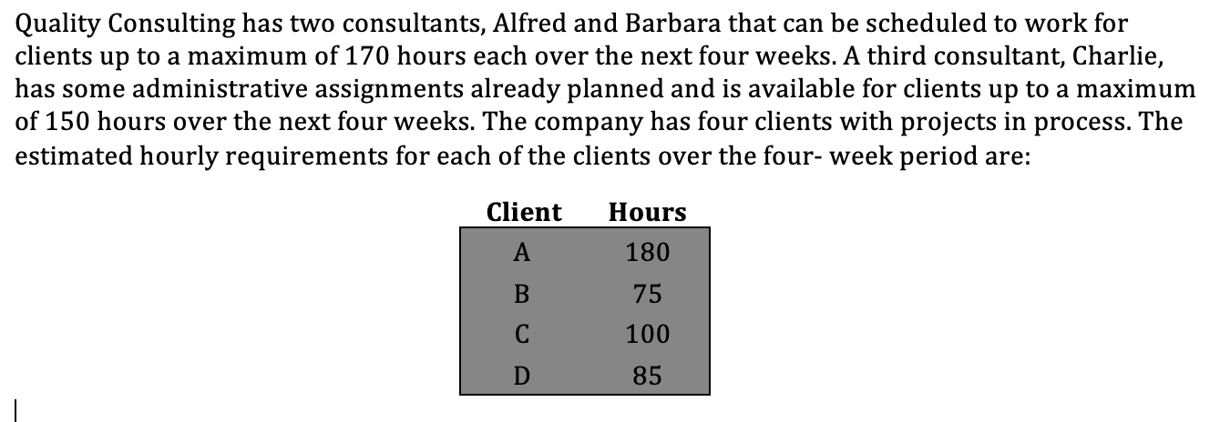 Quality Consulting has two consultants, Alfred