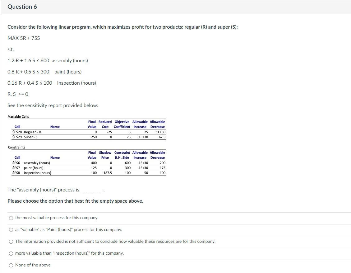 Question 6 Consider the following linear program,