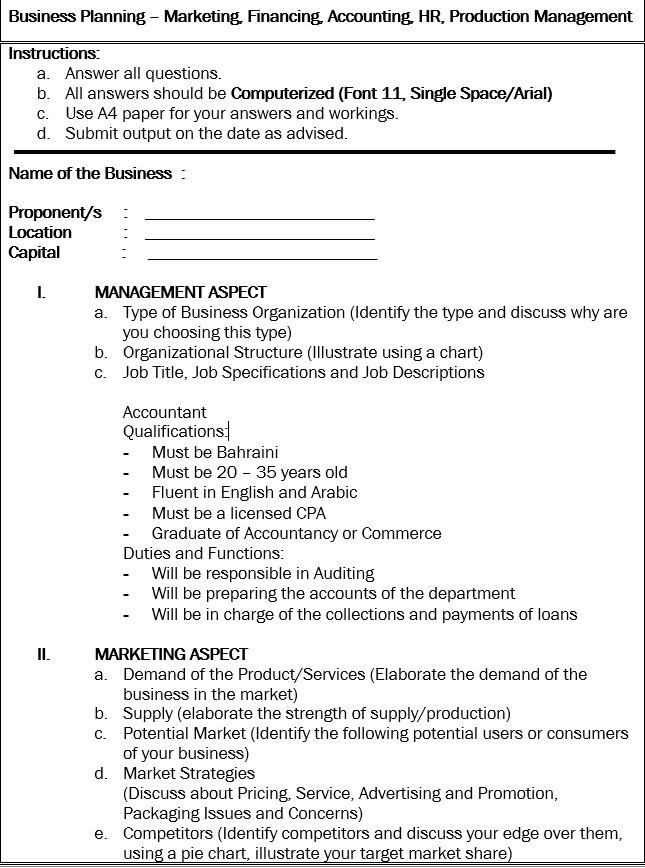 Business Planning - Marketing, Financing