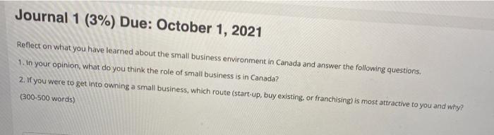 Journal 1 (3%) Due: October 1, 2021 Reflect on