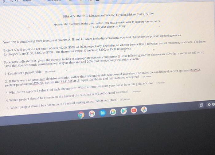 NOM BBA 405 ONLINE: Management Scence: Decision