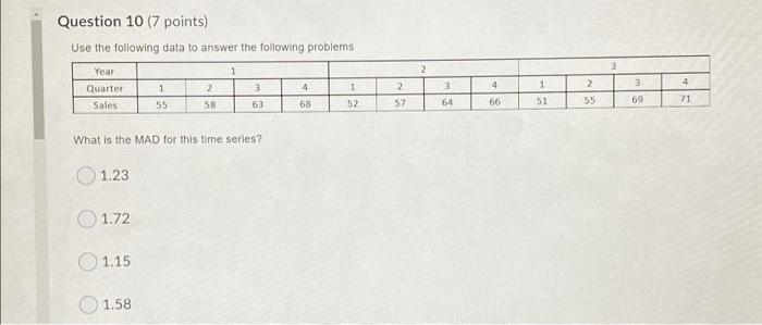Question 10 (7 points) Use the following data to