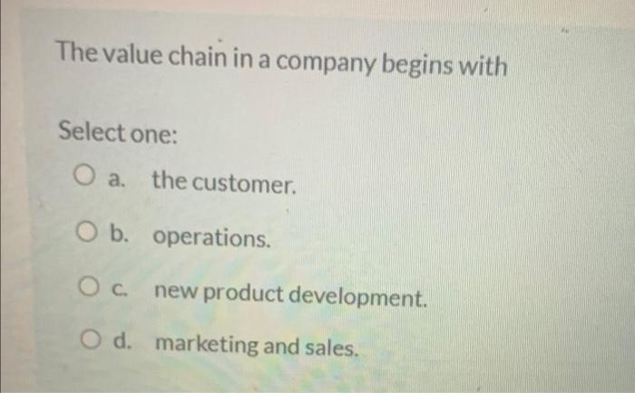 The value chain in a company begins with Select