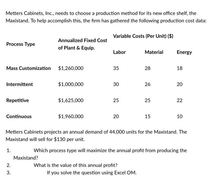 Metters Cabinets, Inc., needs to choose a