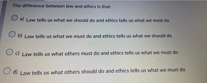 The difference between law and ethics is that: a)