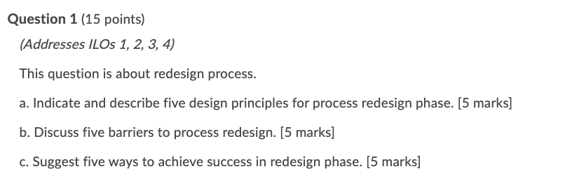Question 1 (15 points) (Addresses ILOS 1, 2, 3,