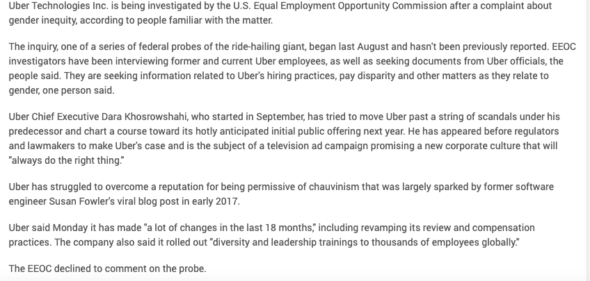 1. What is the investigation of Uber by the U.S.