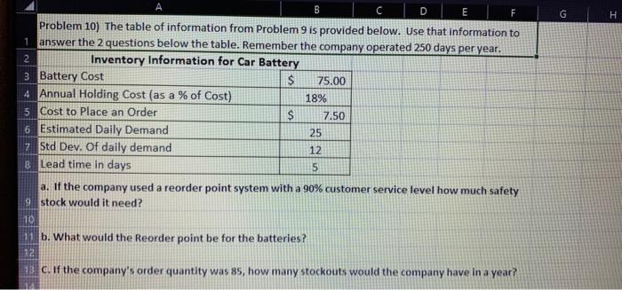 G H A B C D E F Problem 10) The table of