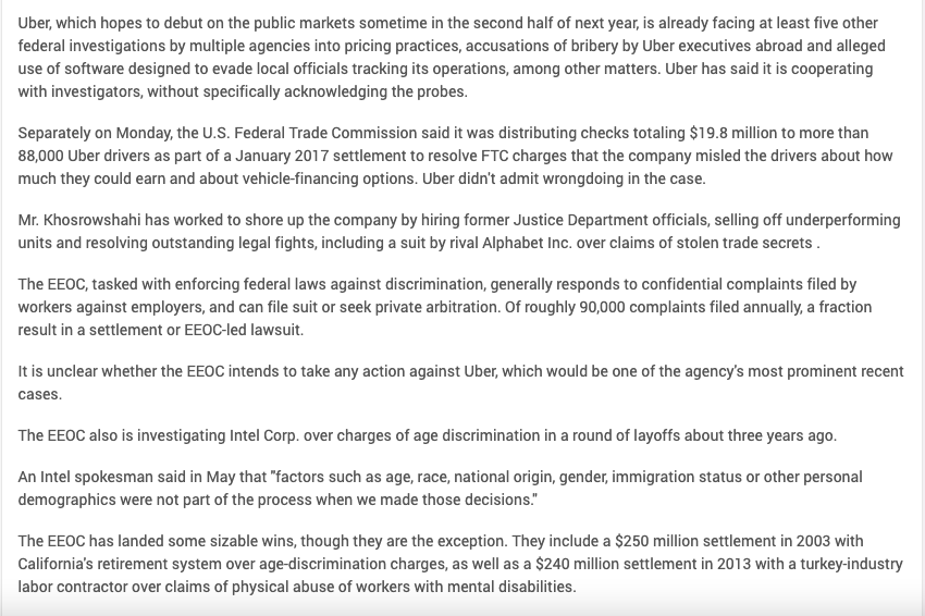 1. What is the investigation of Uber by the U.S.