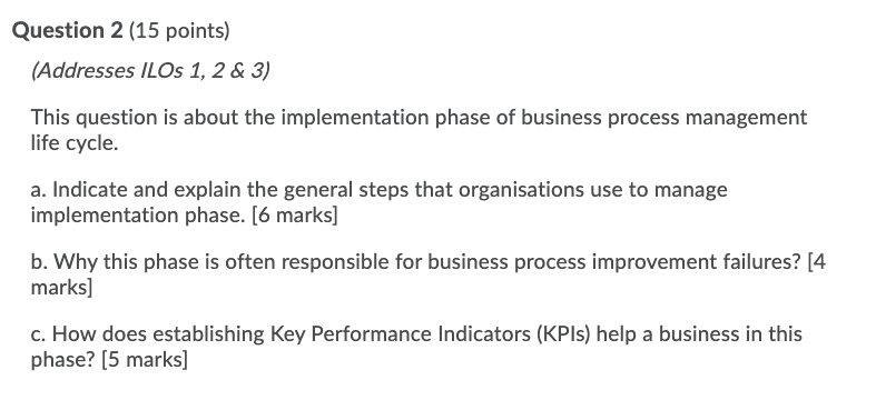 Question 2 (15 points) (Addresses ILOS 1, 2 & 3)