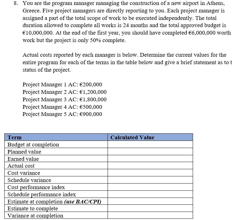8. You are the program manager managing the