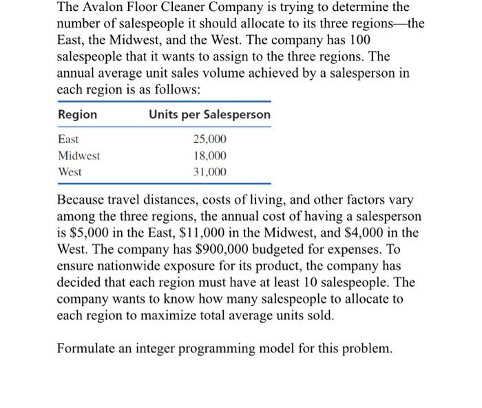 The Avalon Floor Cleaner Company is trying to