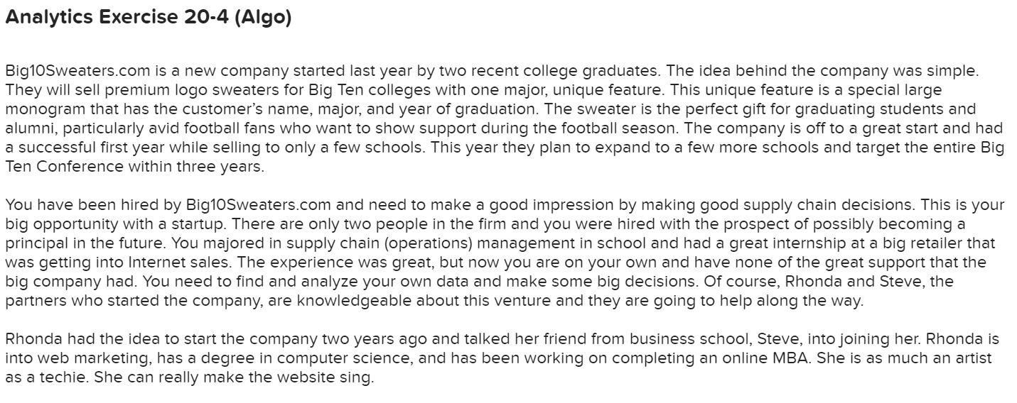 Analytics Exercise 20-4 (Algo) Big1OSweaters.com