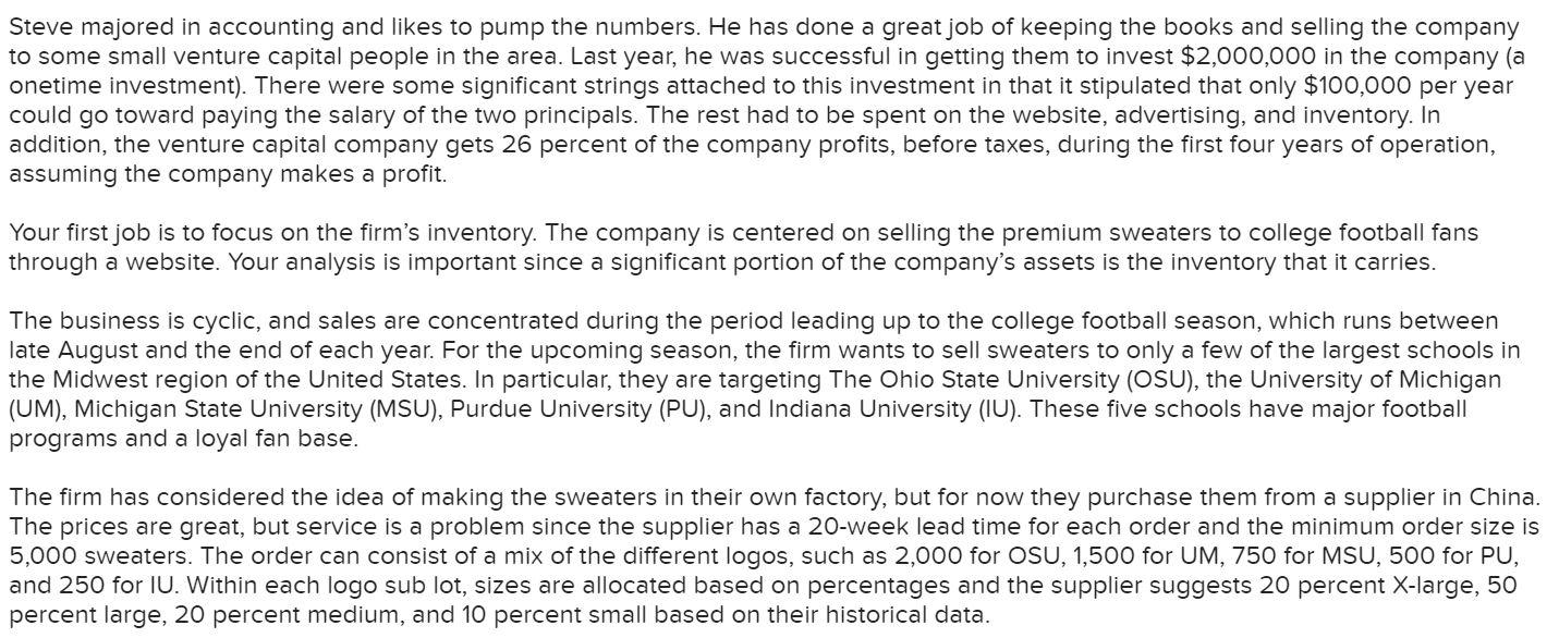 Analytics Exercise 20-4 (Algo) Big1OSweaters.com