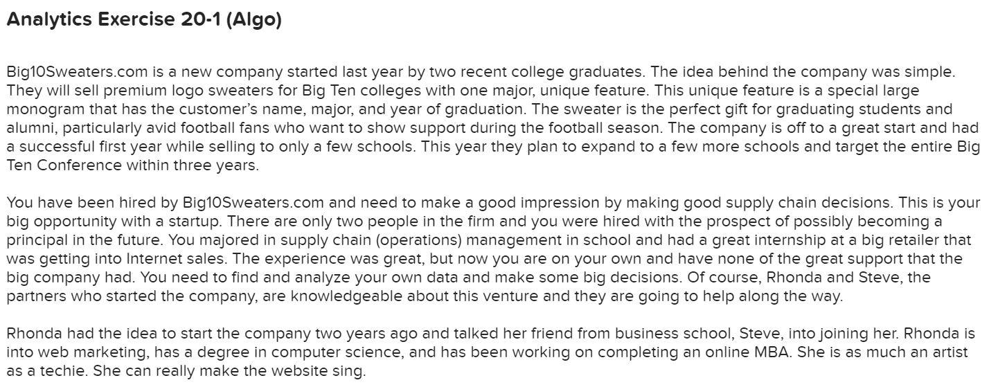 Analytics Exercise 20-1 (Algo) Big1oSweaters.com