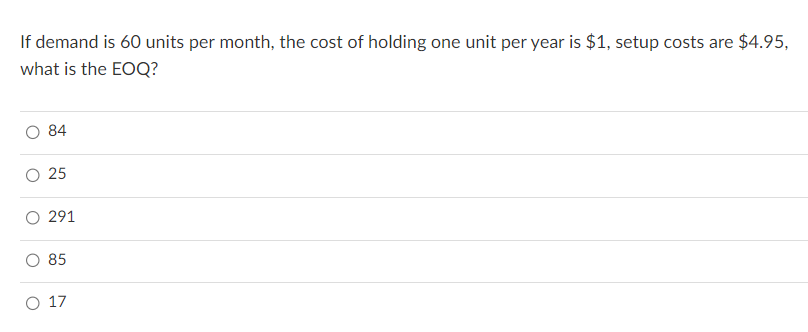 If demand is 60 units per month, the cost of
