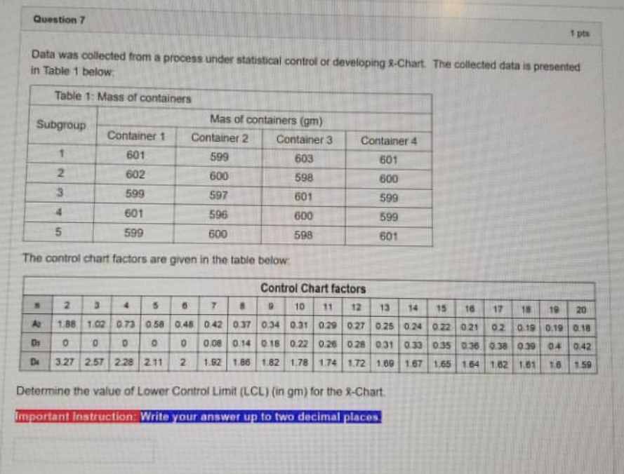 Question 7 1 pts Data was collected from a