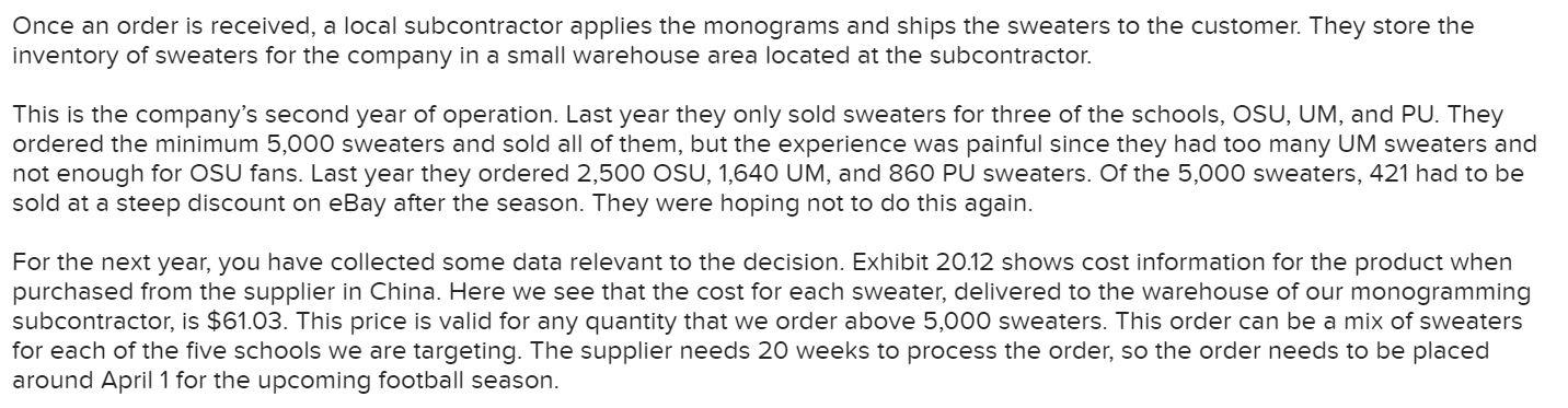 Analytics Exercise 20-1 (Algo) Big1oSweaters.com