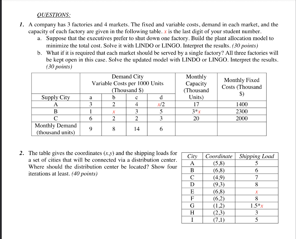 1. A company has 3 factories and 4 markets. The