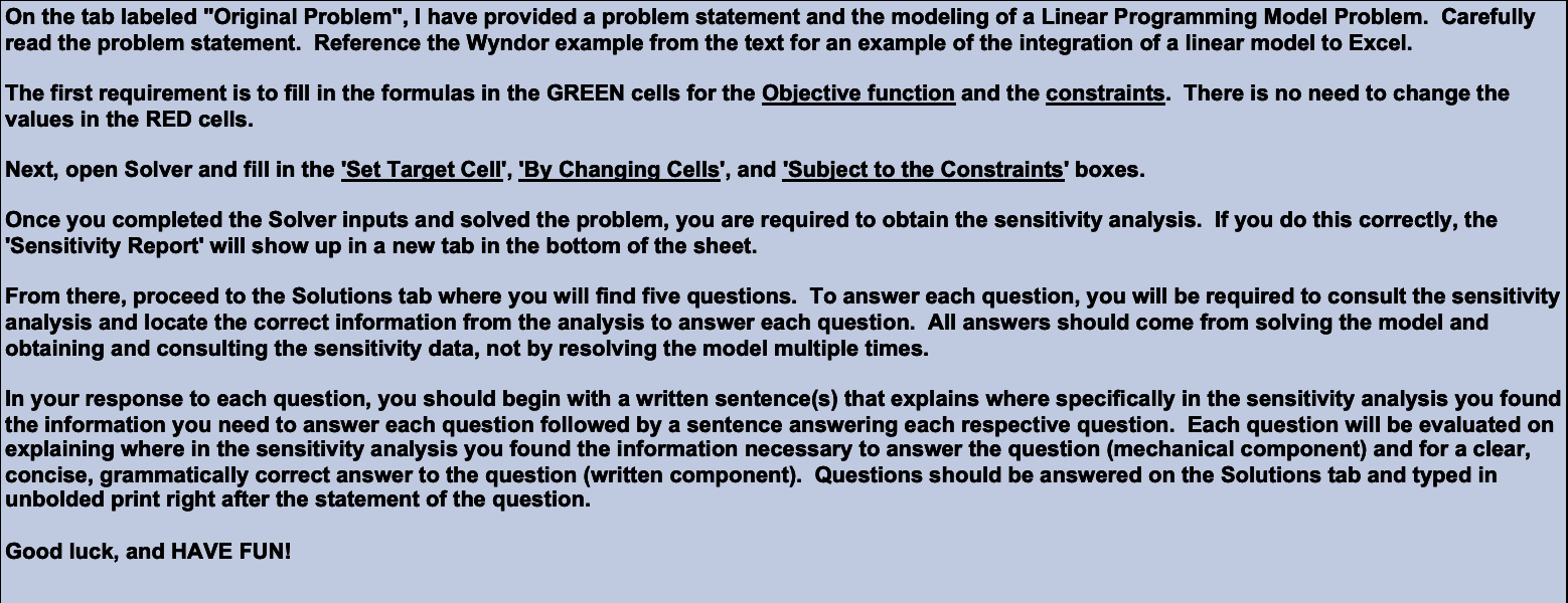 On the tab labeled "Original Problem", I have