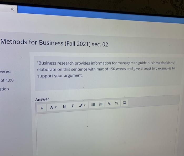 research in busniess Methods for Business (Fall