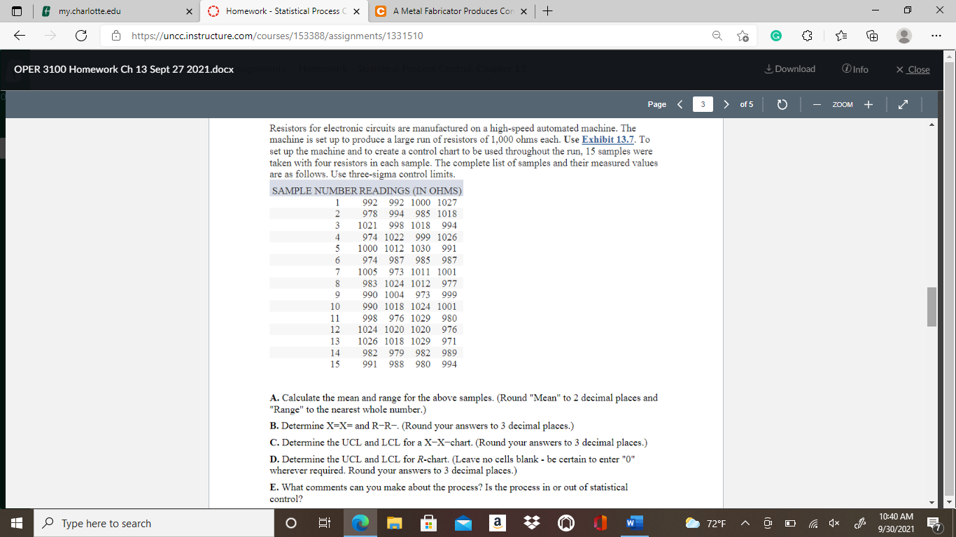 my.charlotte.edu Homework - Statistical Process X