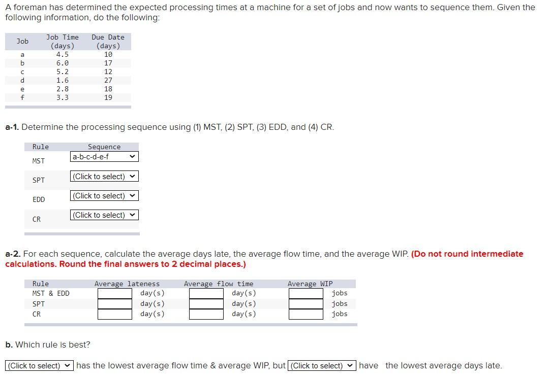 A foreman has determined the expected processing