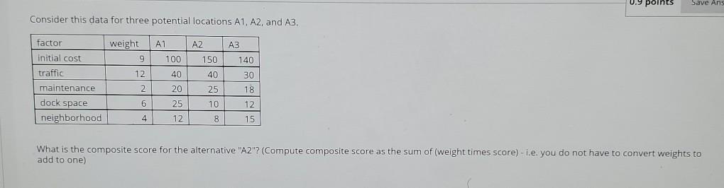 0.9 points Save Ans Consider this data for three
