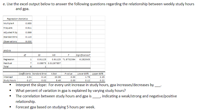 e. Use the excel output below to answer the