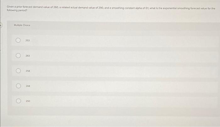 Given a prior forecast demand value of 260. a