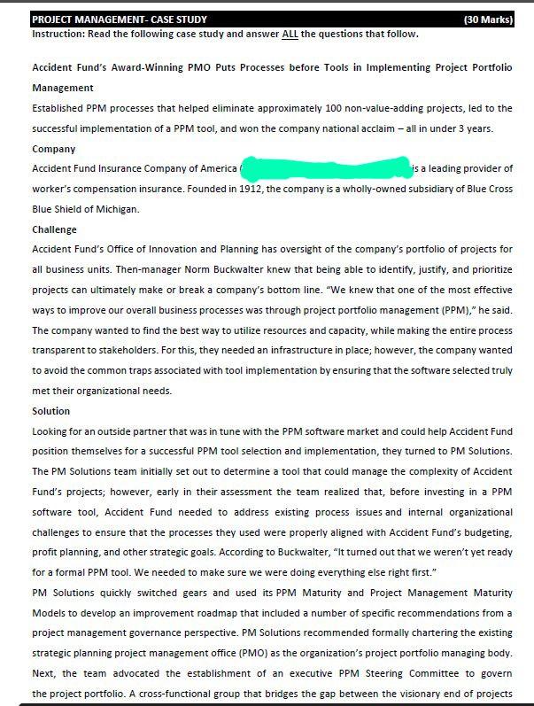 (30 Marks) PROJECT MANAGEMENT-CASE STUDY