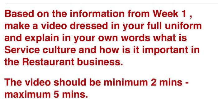 Based on the information from Week 1, make a