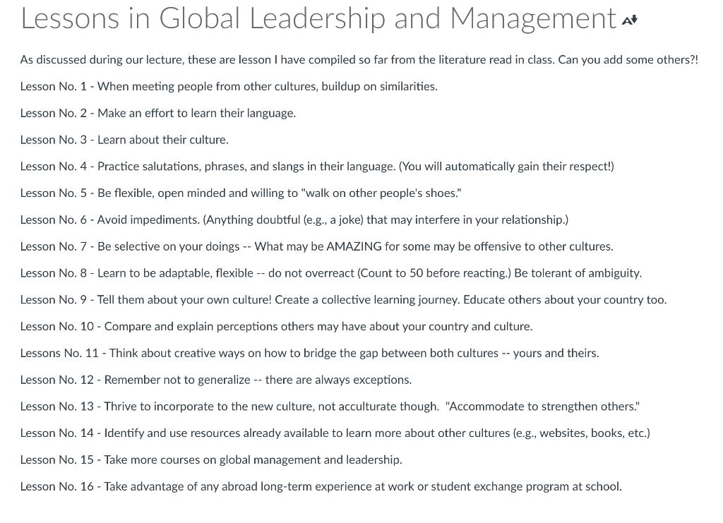 Lessons in Global Leadership and Management at As