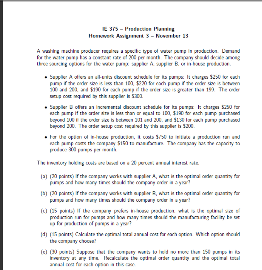 IE 375 - Production Planning Homework Assignment