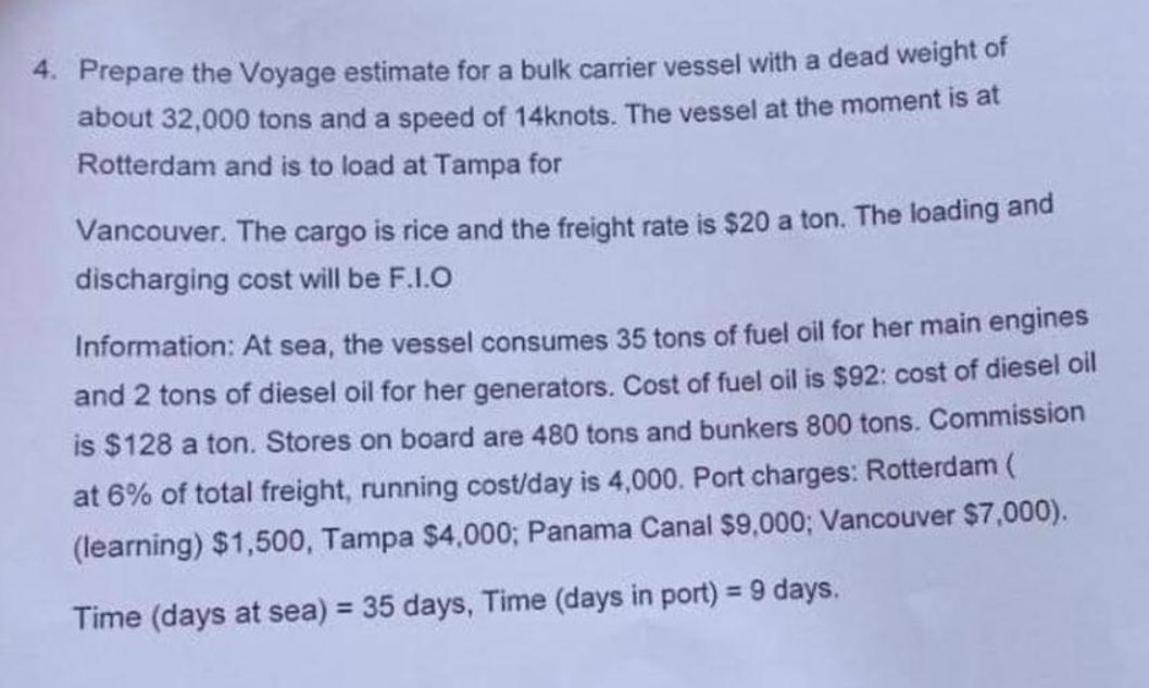 4. Prepare the Voyage estimate for a bulk carrier