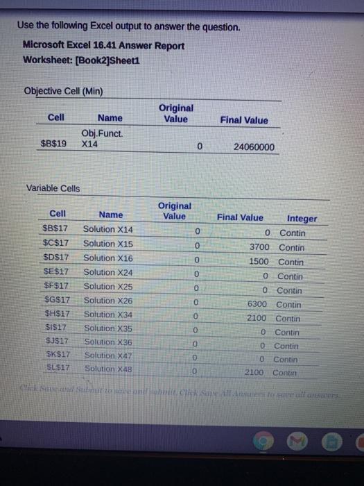Use the following Excel output to answer the